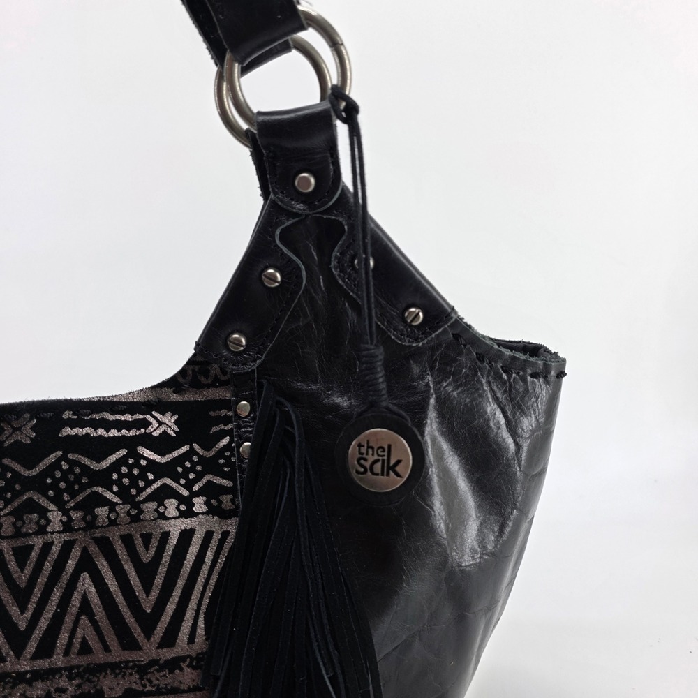 The Sak Leather Hobo Shoulder Bag Black Leather Silver Aztec Fringe Boho Tote - Picture 5 of 12
